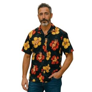 Hilo Hattie Colorful Hawaiian Pinup Babes Floral Camp Shirt Coconut Buttons Sz L